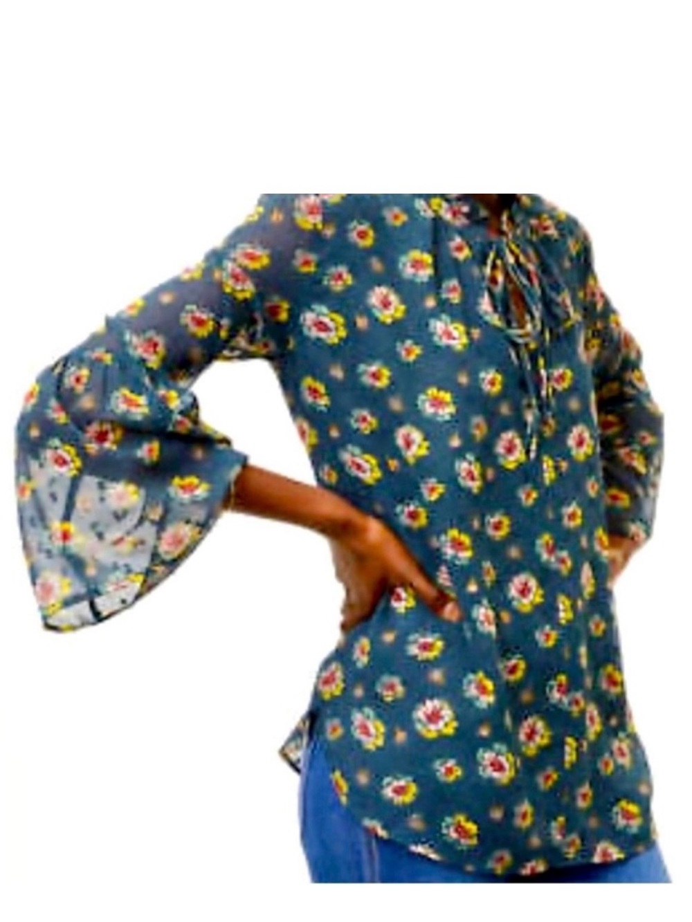 LOFT Teal Floral Tie-Neck Bell Sleeve Blouse